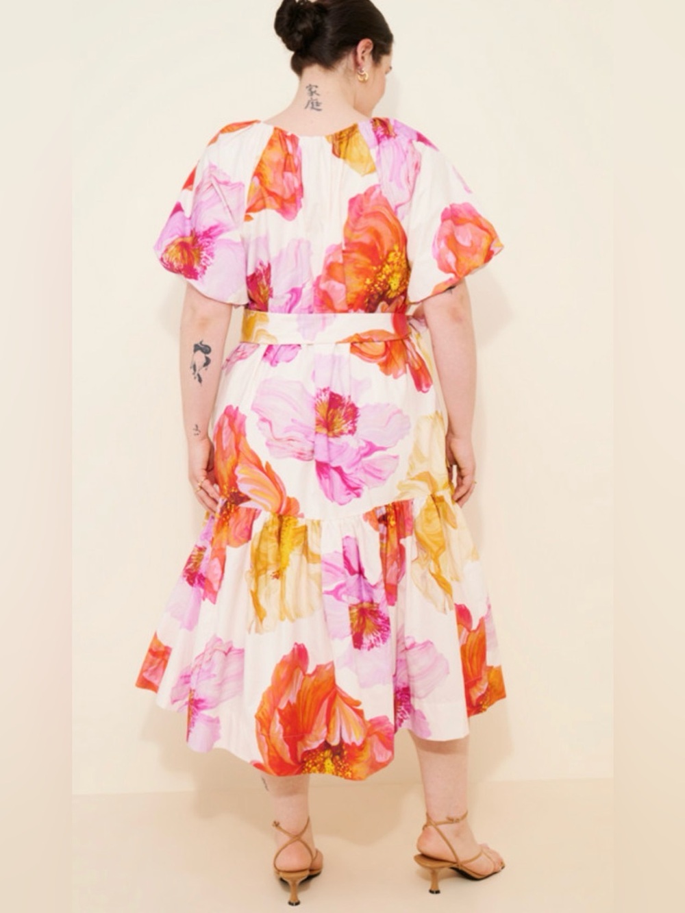 Anthropologie - Floral V-Neck Tent Midi Dress - Pink & Orange - Picture 2 of 7